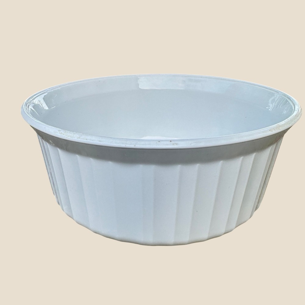 Corning Ware French White Souffle Dish F-5-B 1.5L Round Ribbed Casserole Baker‎